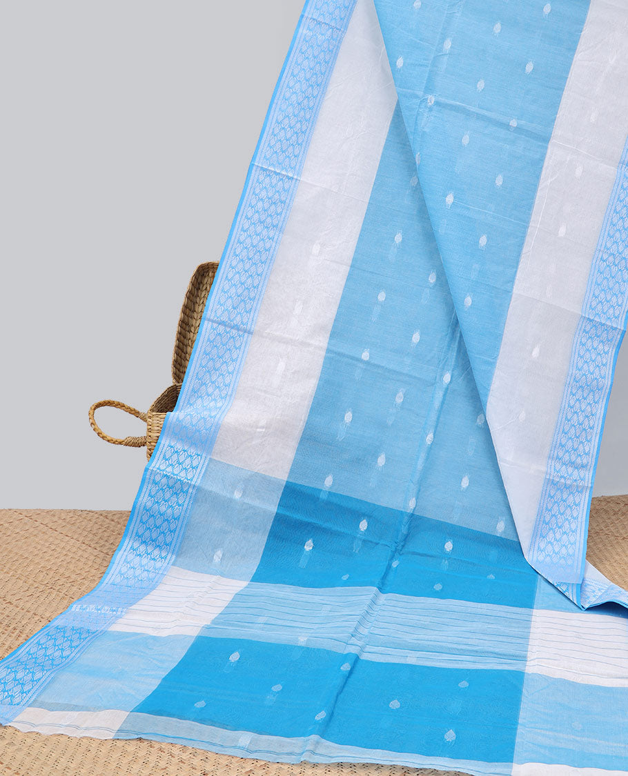 Blue Bengal cotton saree with buttas, self-border & unique design pallu