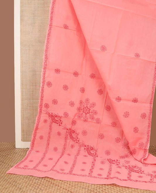 Pink flower butta thread embroidered Lucknowi chikankari saree, leaf creeper border, & floral embroidered pallu