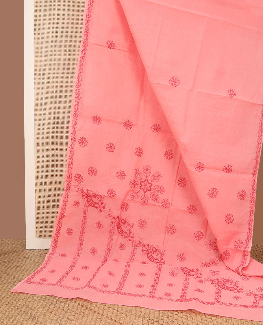 Pink flower butta thread embroidered Lucknowi chikankari saree, leaf creeper border, & floral embroidered pallu