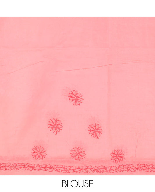 Pink flower butta thread embroidered Lucknowi chikankari saree, leaf creeper border, & floral embroidered pallu