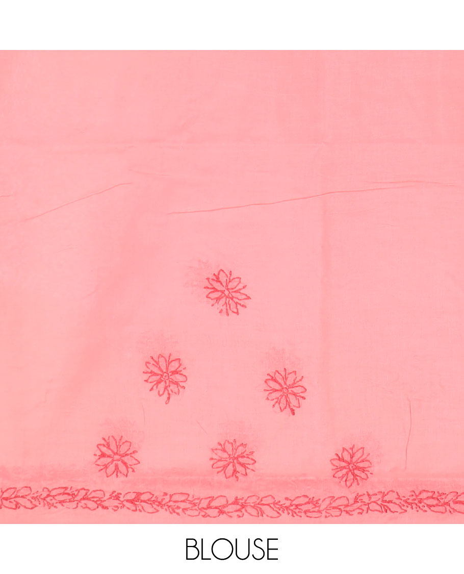 Pink flower butta thread embroidered Lucknowi chikankari saree, leaf creeper border, & floral embroidered pallu