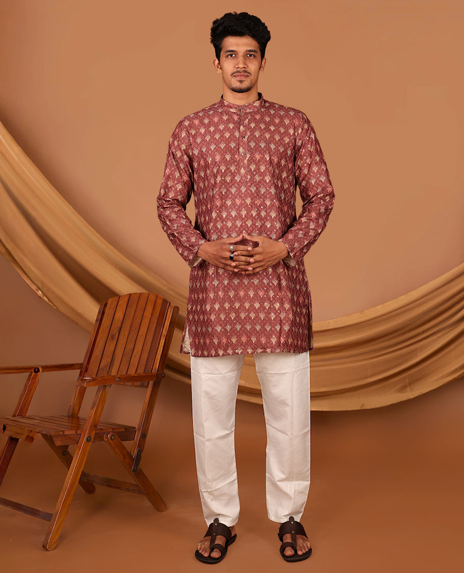 Terracotta Intricately Printed and Sequined Full-Sleeved Men's Kurta