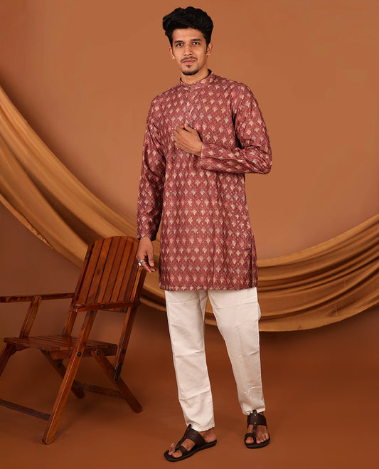 Terracotta Intricately Printed and Sequined Full-Sleeved Men's Kurta