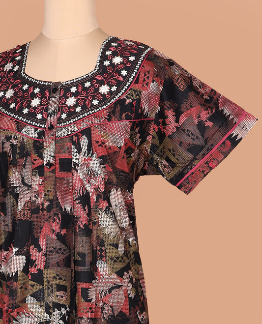Black floral-geometric printed round neck embroidered half-sleeve cotton nighty