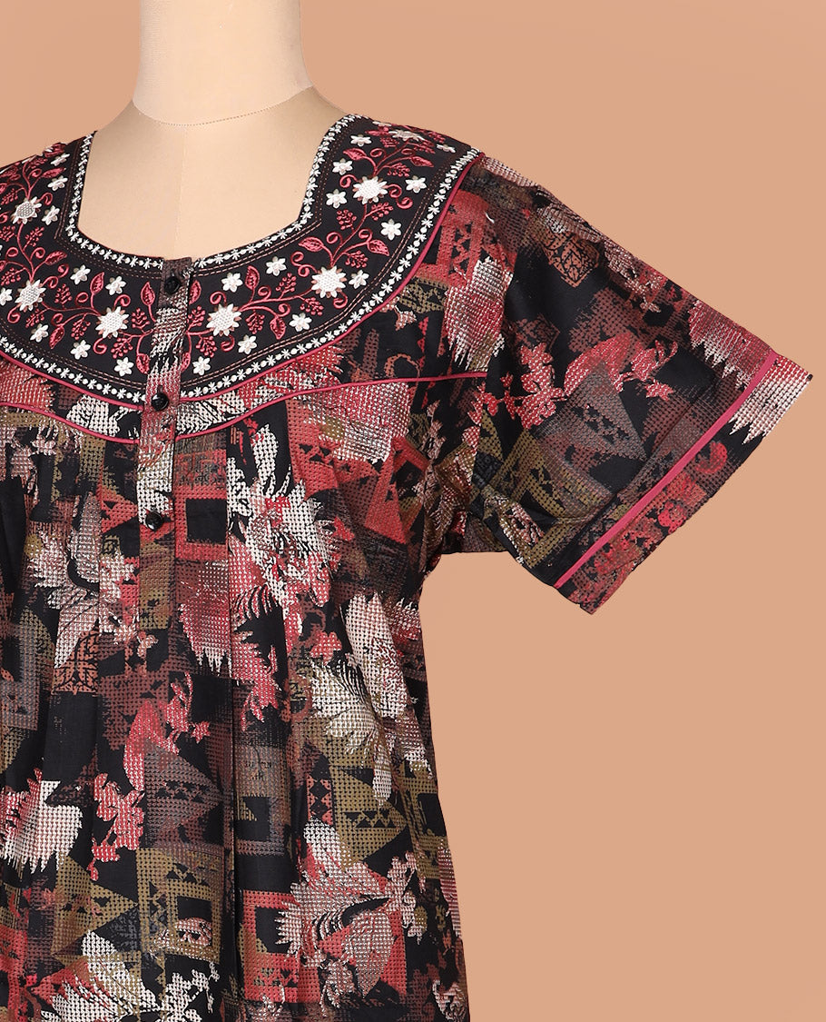 Black floral-geometric printed round neck embroidered half-sleeve cotton nighty