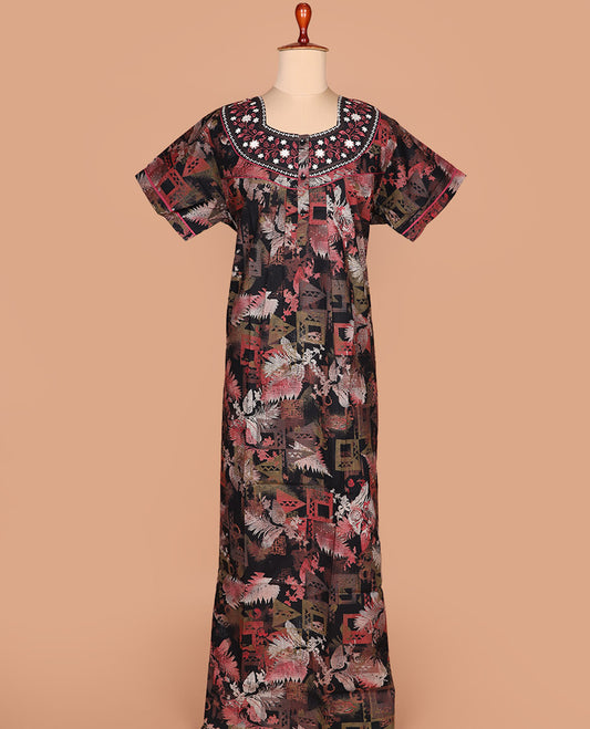 Black floral-geometric printed round neck embroidered half-sleeve cotton nighty
