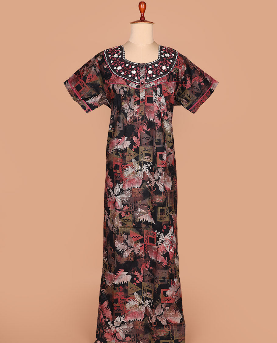 Black floral-geometric printed round neck embroidered half-sleeve cotton nighty