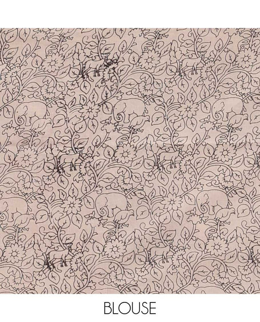 Black floral and bird machine printed kalamkari cotton saree, contrast bird motifs border, and pallu of floral, and geometric print