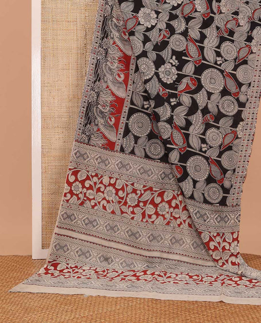 Black floral and bird machine printed kalamkari cotton saree, contrast bird motifs border, and pallu of floral, and geometric print