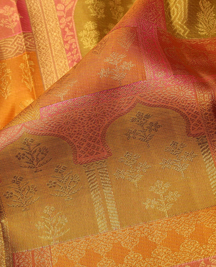 Multi-color meenakari Mughal-style jacquard silk saree, zari border of banaras,rudraksham & vanki design & intricate pallu