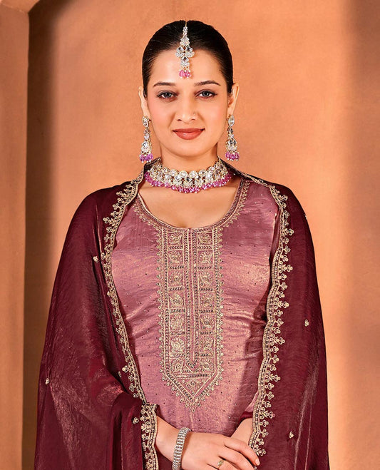 Maroon material churidar catalouge floral stone embroidered top with contrast plain bottom & stone embroidery scallop border dupatta