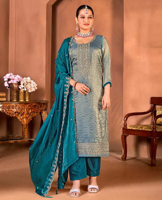 Blue material churidar catalouge floral stone embroidered top with contrast plain bottom & stone embroidery scallop border dupatta