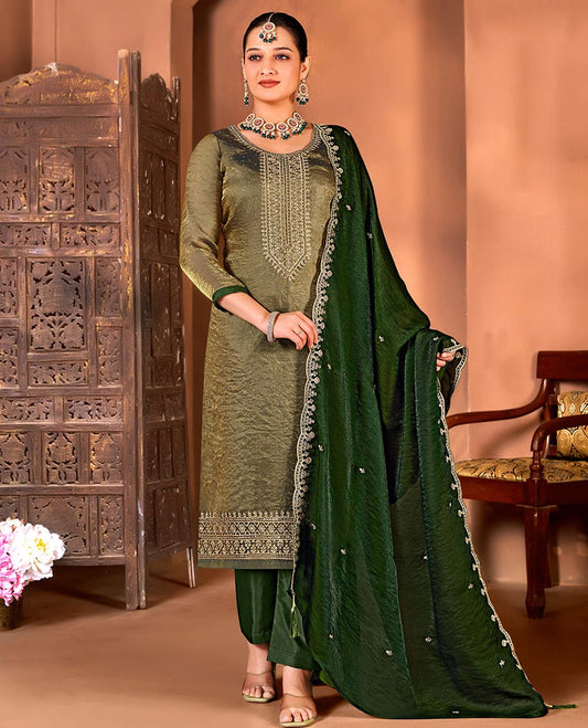 Green material churidar catalouge floral stone embroidered top with contrast plain bottom & stone embroidery scallop border dupatta