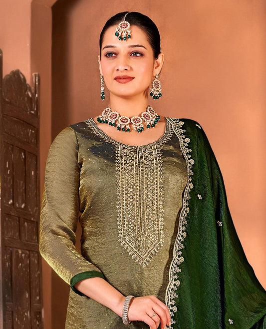 Green material churidar catalouge floral stone embroidered top with contrast plain bottom & stone embroidery scallop border dupatta