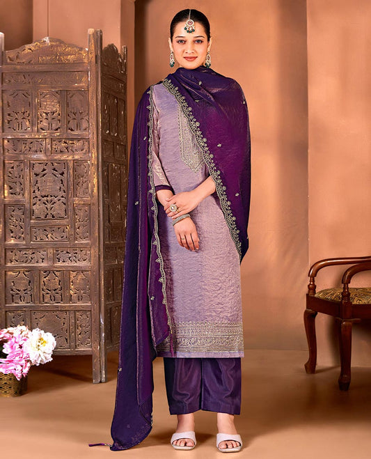 Purple material churidar catalouge floral stone embroidered top with contrast plain bottom & stone embroidery scallop border dupatta