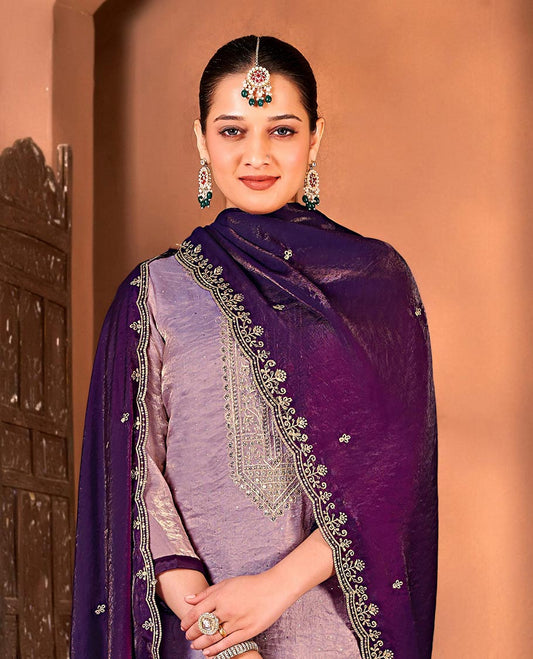 Purple material churidar catalouge floral stone embroidered top with contrast plain bottom & stone embroidery scallop border dupatta
