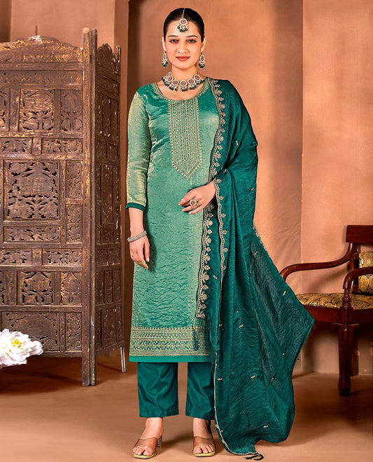 Green material churidar catalouge floral embroidered top with contrast plain bottom & stone embroidery scallop border dupatta