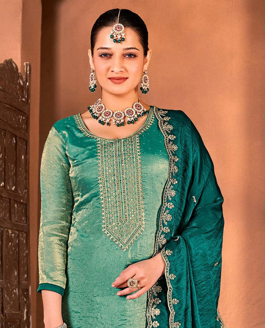 Green material churidar catalouge floral embroidered top with contrast plain bottom & stone embroidery scallop border dupatta