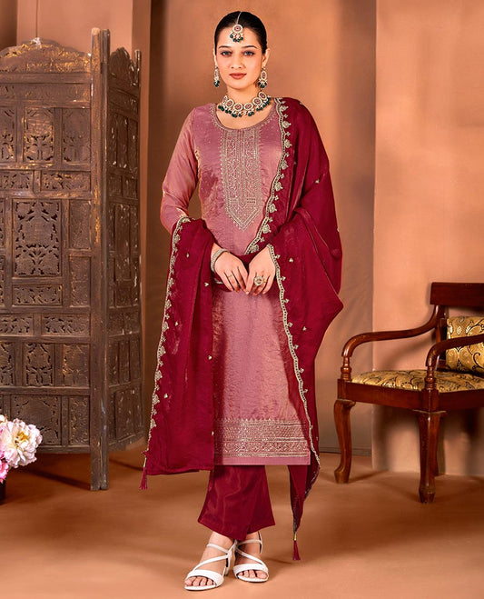 Red material churidar catalouge floral stone embroidered top with contrast plain bottom & stone embroidery scallop border dupatta