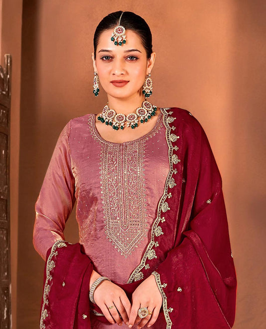 Red material churidar catalouge floral stone embroidered top with contrast plain bottom & stone embroidery scallop border dupatta