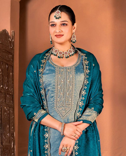 Blue material churidar catalouge floral embroidered top with contrast plain bottom & stone embroidery scallop border dupatta