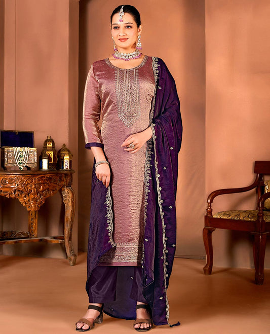 Violet material churidar catalouge floral embroidered top with contrast plain bottom & stone embroidery scallop border dupatta