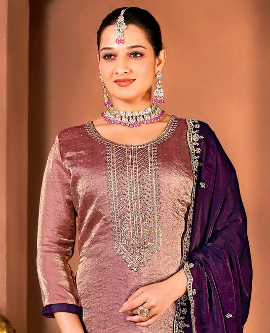 Violet material churidar catalouge floral embroidered top with contrast plain bottom & stone embroidery scallop border dupatta
