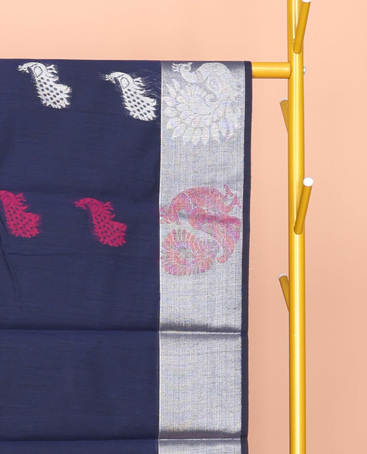 Navy Blue Semi-Silk Cotton Saree, Enriched with Peacock Buttas All Over Its Body, Highlighted by a Self-Border of Peacock Design, Pallu of Peacock Designs, and Paired with a Matching Blouse