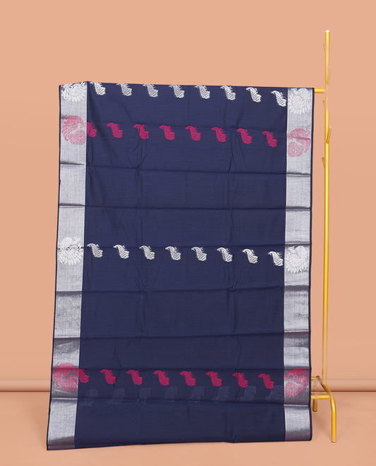 Navy Blue Semi-Silk Cotton Saree, Enriched with Peacock Buttas All Over Its Body, Highlighted by a Self-Border of Peacock Design, Pallu of Peacock Designs, and Paired with a Matching Blouse