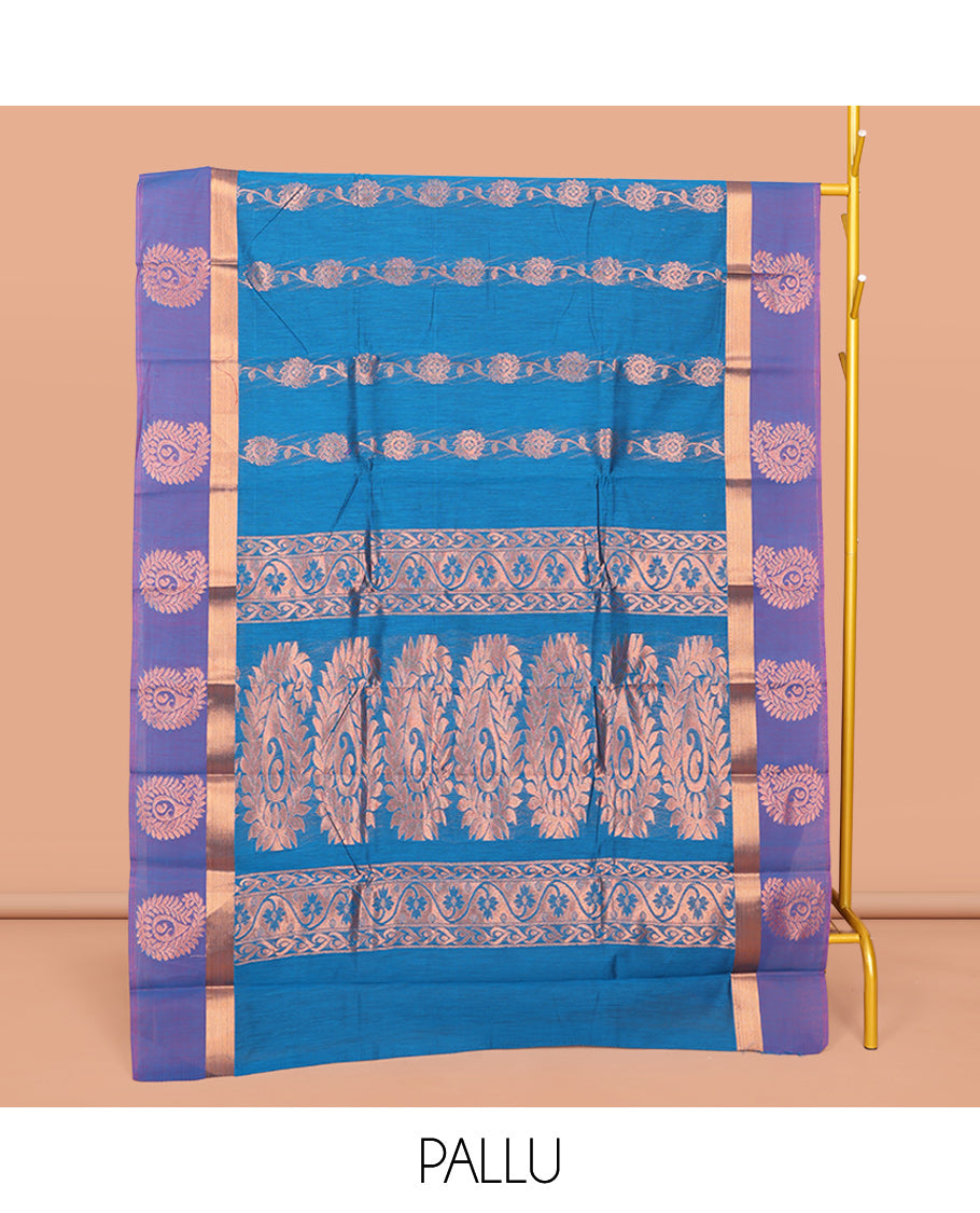 Blue Semi-Silk Cotton Saree, Detailed with Floral Creeper Designs All Over Its Body, Complemented by a Contrast Border of Paisley Design, Pallu of Paisley Designs, and Paired with a Matching Blouse