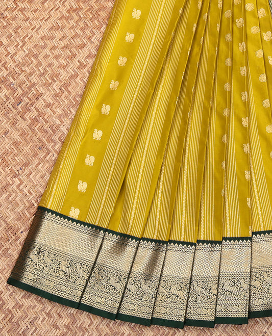 Green Budget Silk Saree, Finely Woven with Zari Buttas and Stripes All Over Its Body, Complemented by a Contrast Traditional Zari Design Border, Geometric-Patterns Pallu, and Paired with a Contrast Blouse