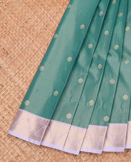 Teal Budget Silk Saree, Woven with Zari Buttas and Checks, Complemented by a Contrast Traditional Zari Border, Grand Pallu, and a Contrast Blouse