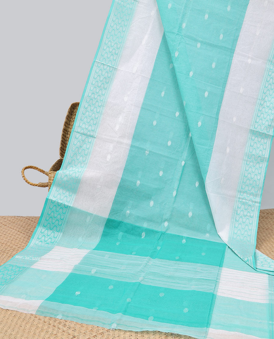 Turquoise Bengal cotton saree with buttas, self-border & unique design pallu