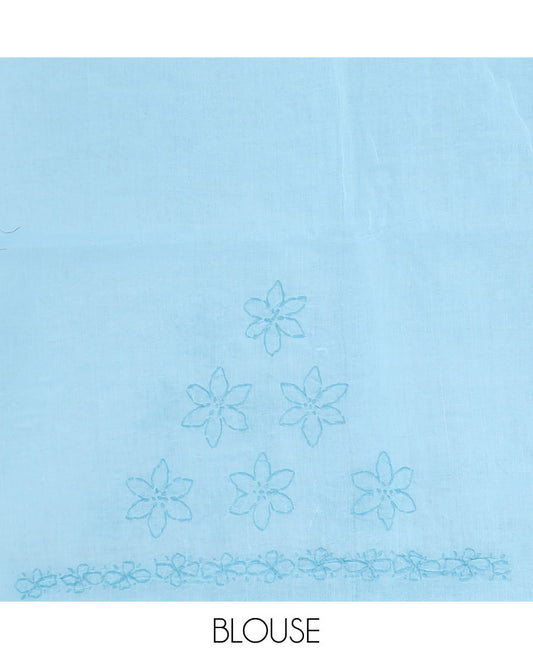 Baby blue flower butta thread embroidered Lucknowi chikankari saree, flower border, & floral-paisley embroidered pallu