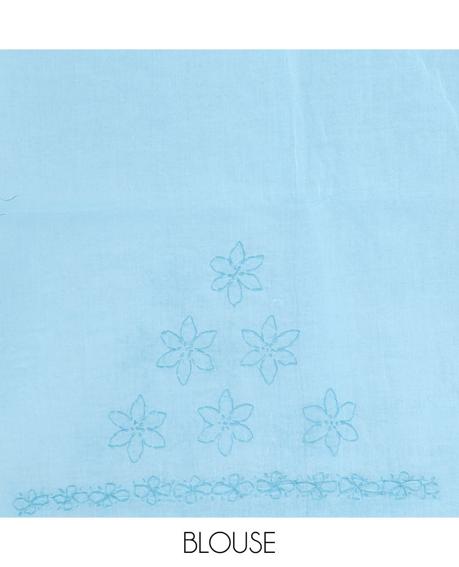 Baby blue flower butta thread embroidered Lucknowi chikankari saree, flower border, & floral-paisley embroidered pallu
