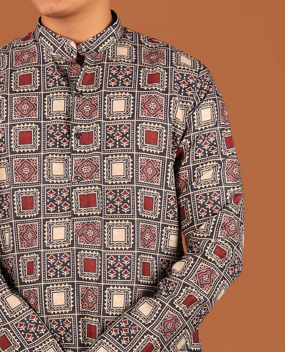 Multi-Color Ajrakh Printed Full-Sleeved Men's Kurta