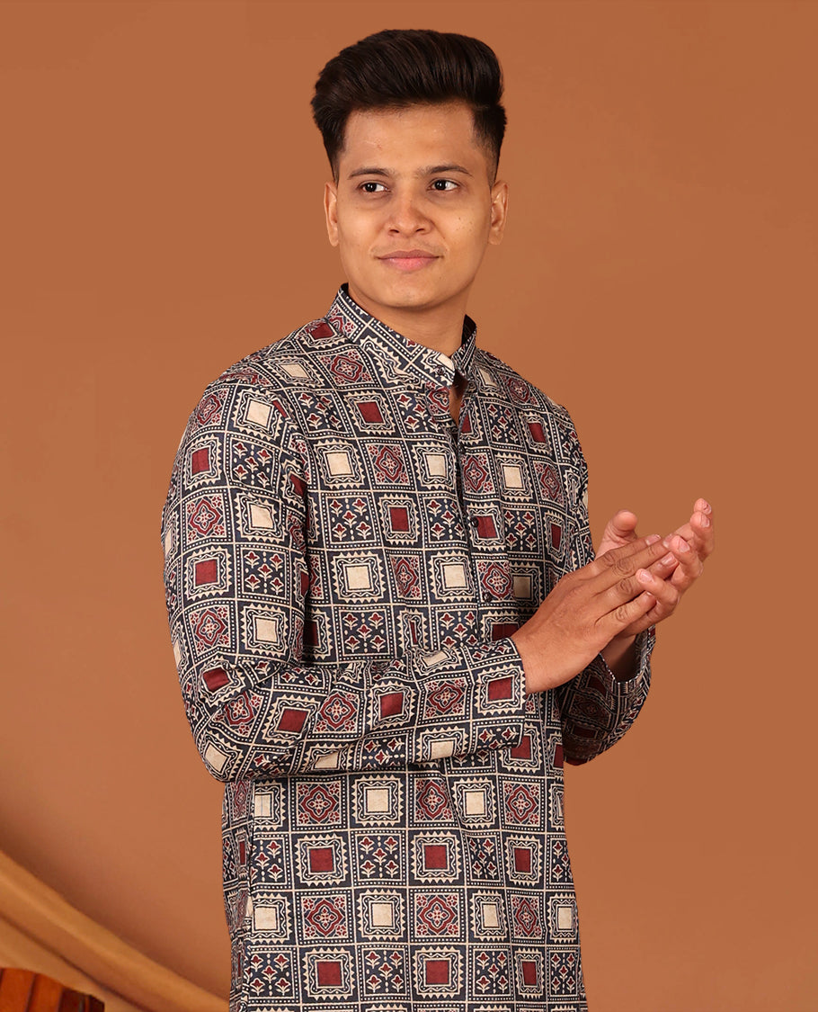 Multi-Color Ajrakh Printed Full-Sleeved Men's Kurta