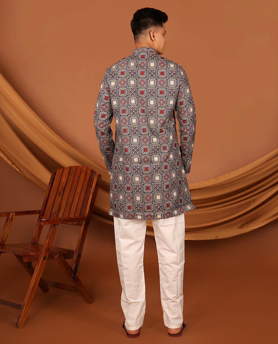 Multi-Color Ajrakh Printed Full-Sleeved Men's Kurta