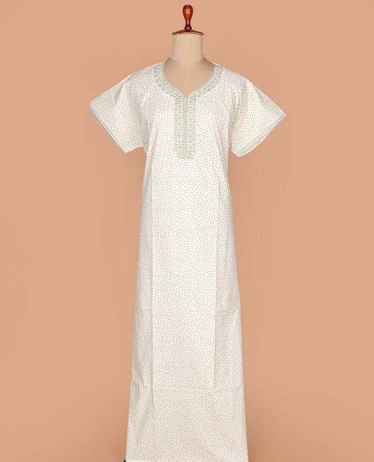 Cream leaf motifs printed leaf-neck embroidered half-sleeve cotton nighty