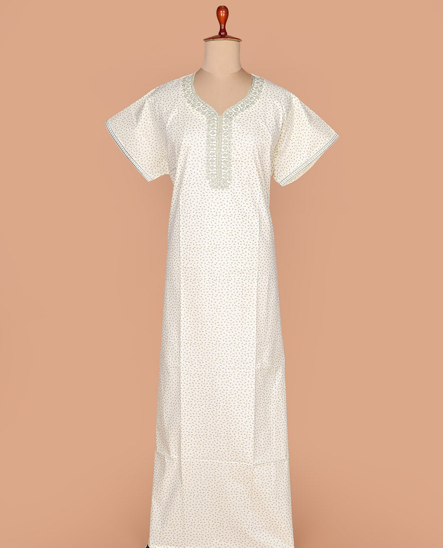 Cream leaf motifs printed leaf-neck embroidered half-sleeve cotton nighty