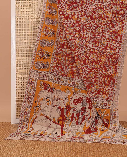 Red floral vine machine printed kalamkari cotton saree, figurines motifs border, and pallu of pichwai cow, and Lord Kishna motifs