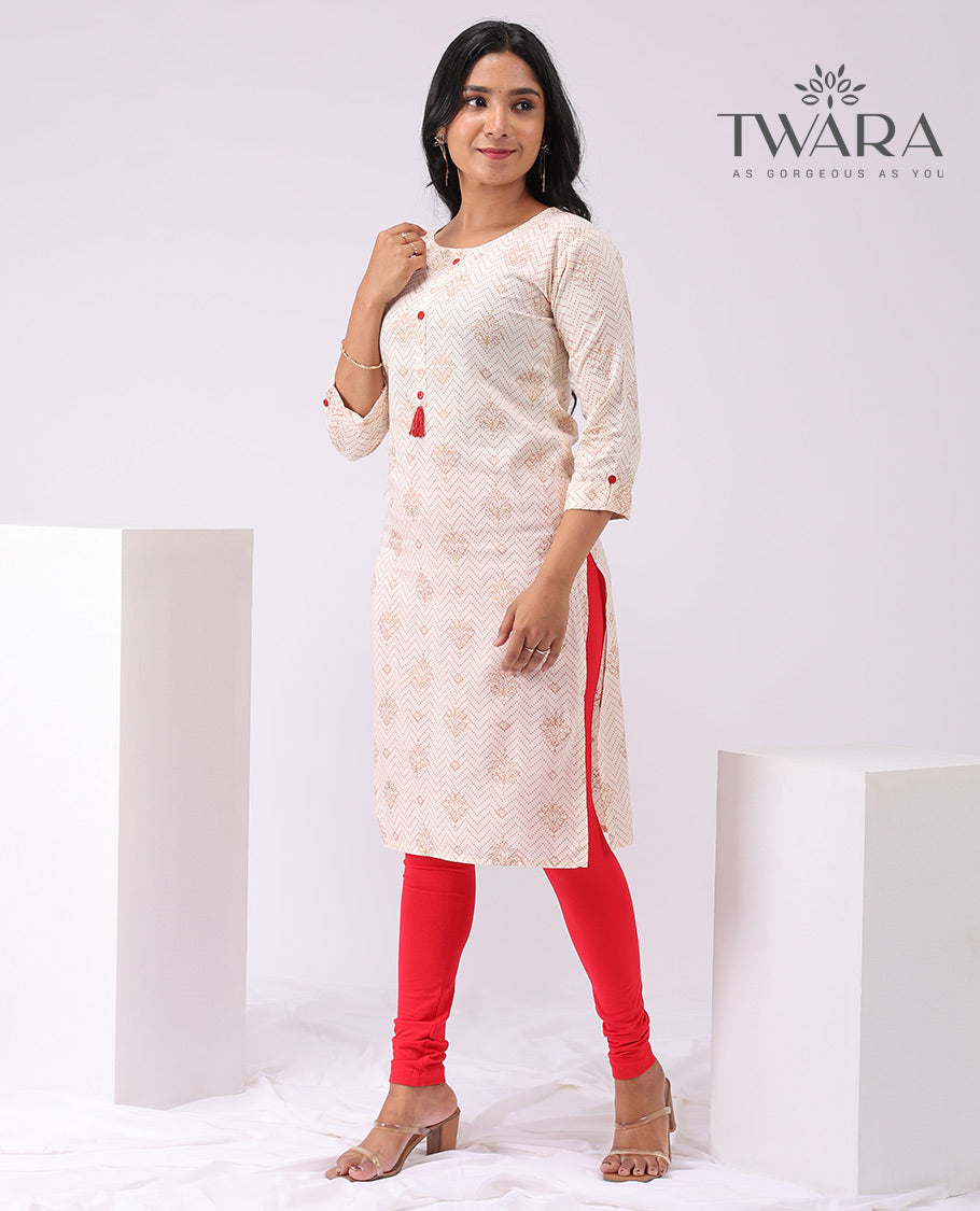 Twara cream geometric design round neck ,3/4 th sleeve ,knee lenght straight cut kurti