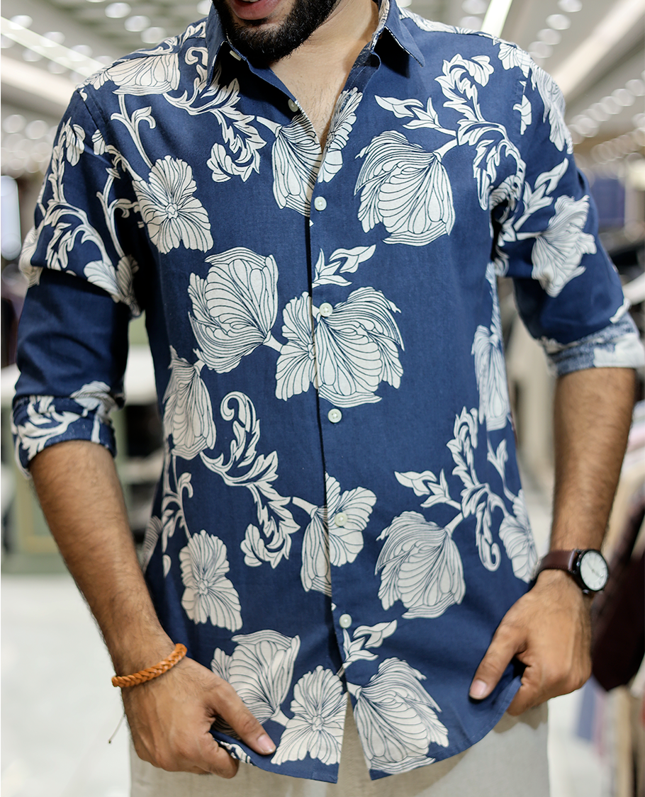 Navy Blue Cotton-Blended Casual Shirt