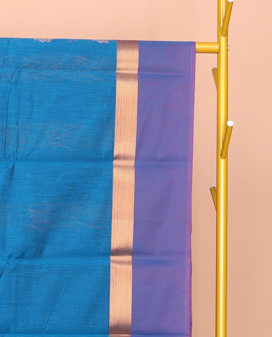 Blue Semi-Silk Cotton Saree, Detailed with Floral Creeper Designs All Over Its Body, Complemented by a Contrast Border of Paisley Design, Pallu of Paisley Designs, and Paired with a Matching Blouse