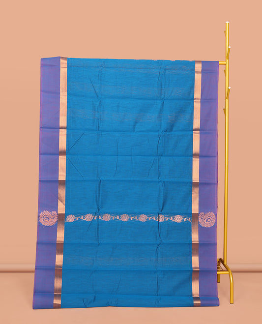 Blue Semi-Silk Cotton Saree, Detailed with Floral Creeper Designs All Over Its Body, Complemented by a Contrast Border of Paisley Design, Pallu of Paisley Designs, and Paired with a Matching Blouse