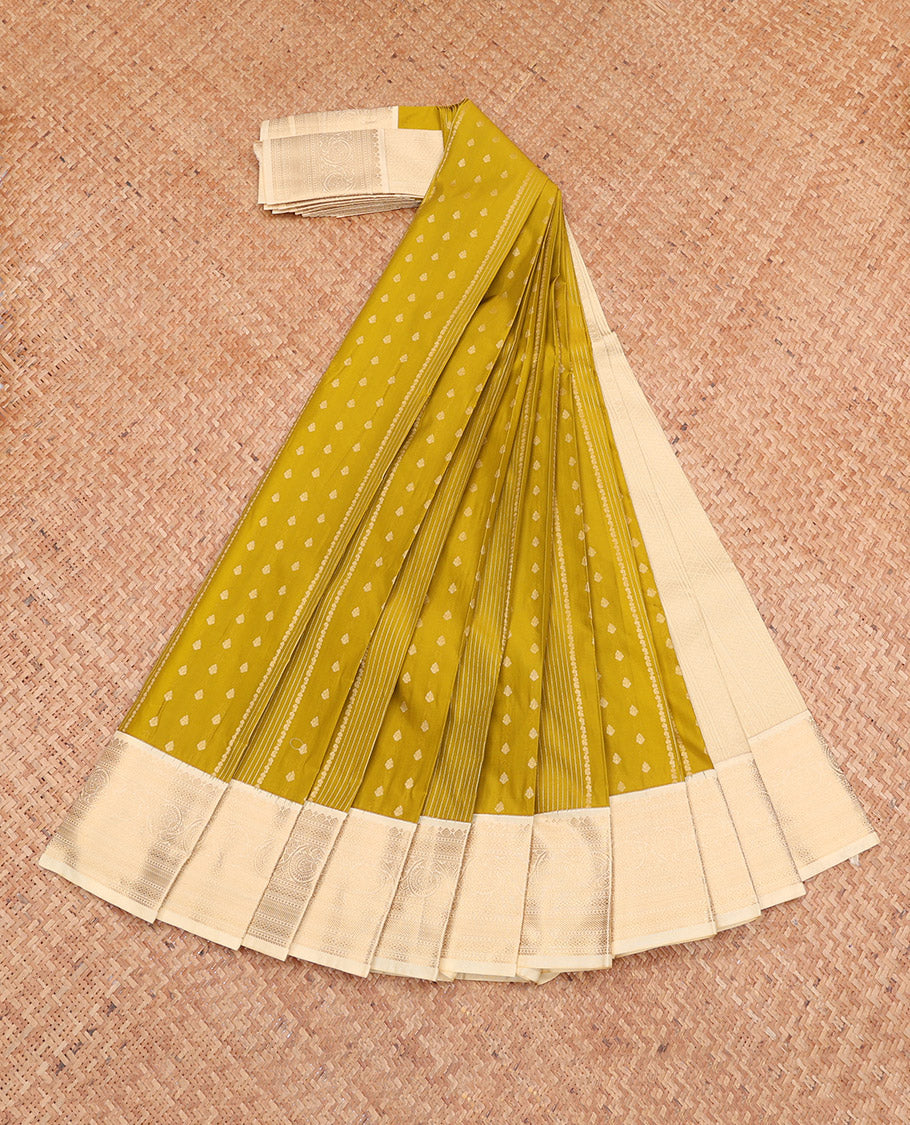 Mustard Budget Silk Saree, Sparsely Threaded with Zari Buttas and Stripes, Complemented by a Contrast Traditional Zari Border, Grand Pallu, and a Contrast Blouse