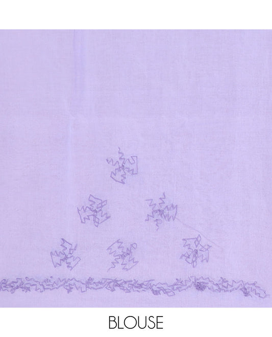 Lavender flower butta thread embroidered Lucknowi chikankari saree, flower border, & floral-paisley embroidered pallu