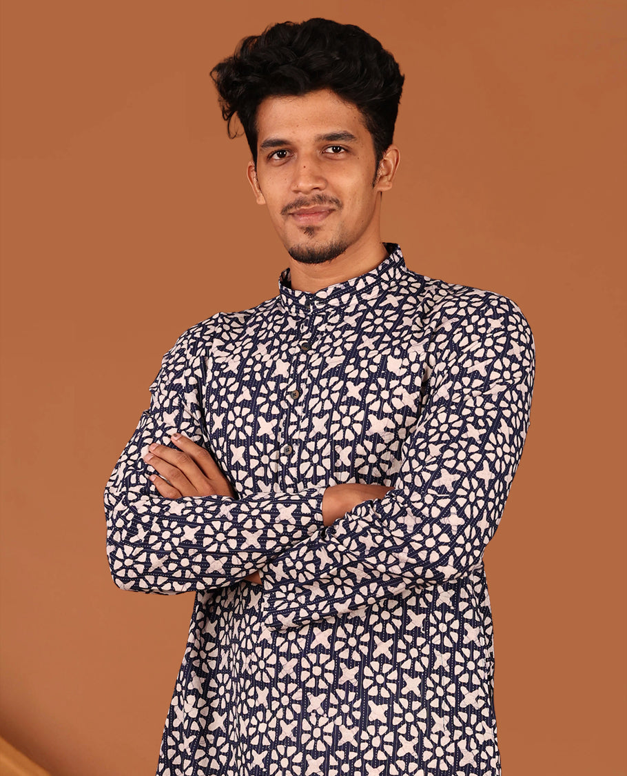 Blue Batik-Style Printed Full-Sleeved Men's Kurta