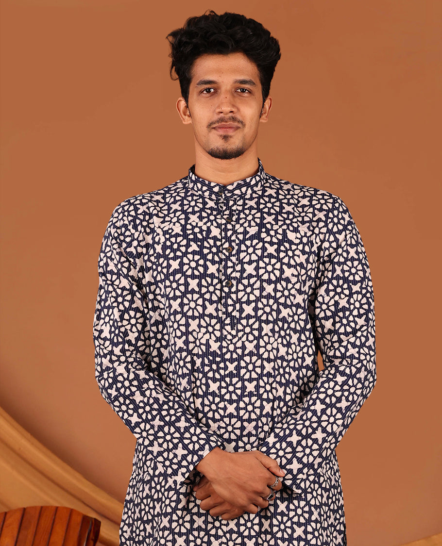 Blue Batik-Style Printed Full-Sleeved Men's Kurta