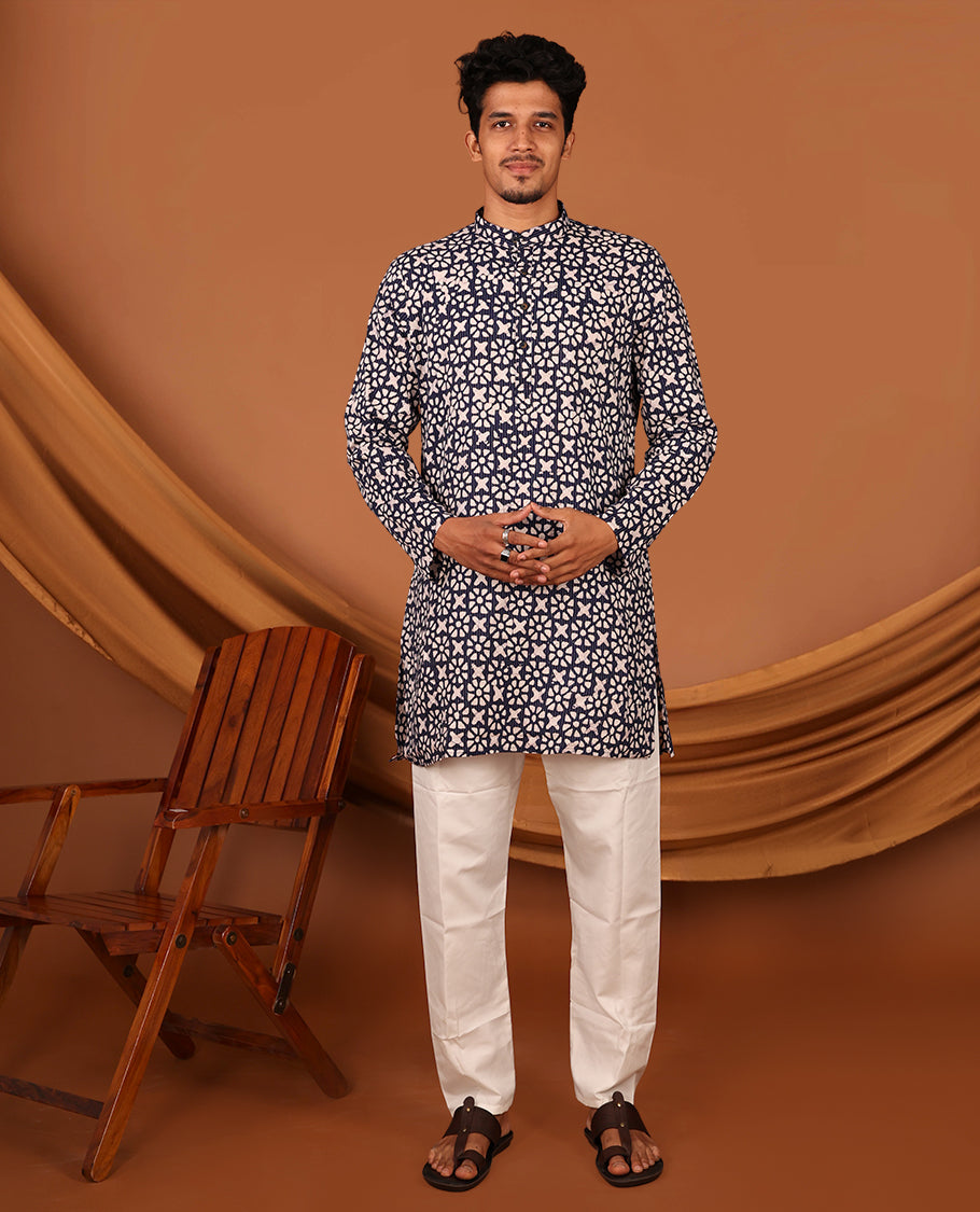 Blue Batik-Style Printed Full-Sleeved Men's Kurta